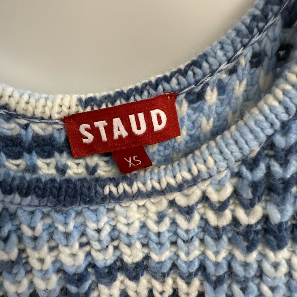 STAUD Blue and White Knit Top